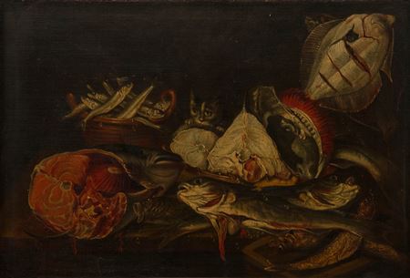 Still life with fish and a cat