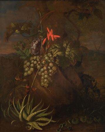 Still life with exotic plants, butterflies and grapes near a rock