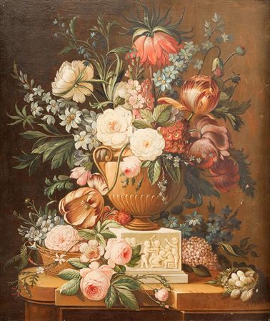 Still life with flowers on stone entablement