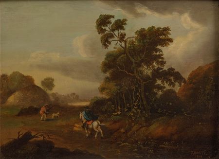 Travellers on a forest path with an approaching storm, 1827