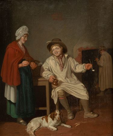 A tavern interior with a maid and pipe smokers