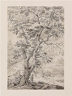 Forest landscape with walker and man and cart