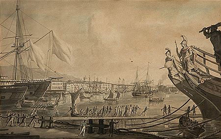View on the port of Toulon with nobles visiting the ships