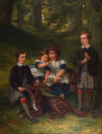 Portrait of four children, one holding a golf club, with a red setter