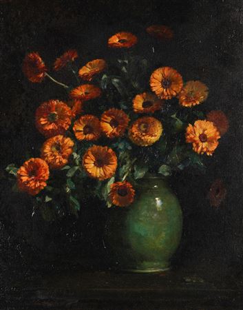 Still life of marigolds in a green vase