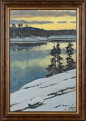 Winter landscape at twilight by Vaino Blomstedt - Auction record, sale price, and art valuation. Compare with similar artists and explore comparable artworks.