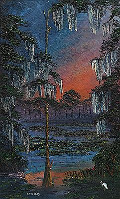 Sunset Swamp Scene with Heron