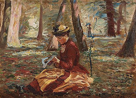 Woman knitting in the park
