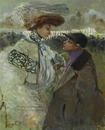 An Elegant Lady and a Jockey by Gustave Adolf Mossa - Auction record, sale price, and art valuation. Compare with similar artists and explore comparable artworks.