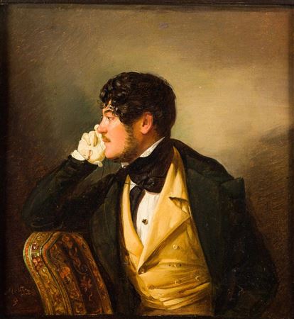 Portrait of a gentleman indoors with a monocle