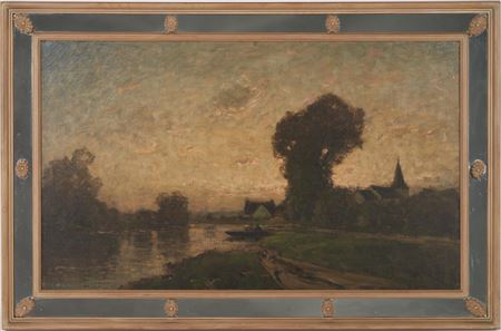 A landscape painting depicting boats moored along a river bank adjacent to a village.