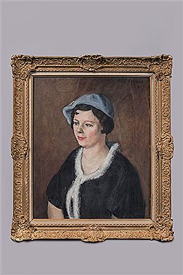 Portrait of a woman with a blue headdress