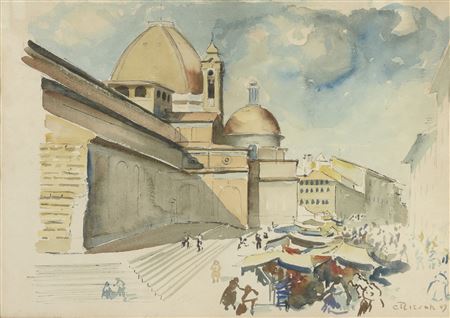 VEDUTA URBANA CON MERCATO VEDUTA DI PIAZZA CON CHIESA E CAMPANILE(2)