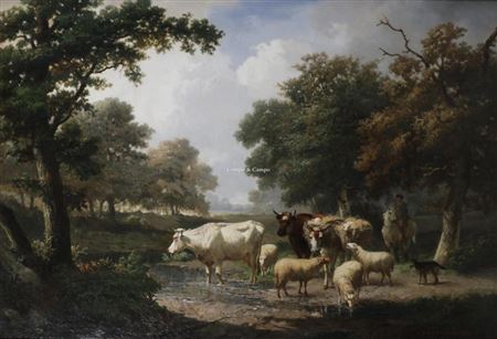 Shepherd with cattle at the watering place