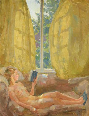 Reclining nude reading by a window