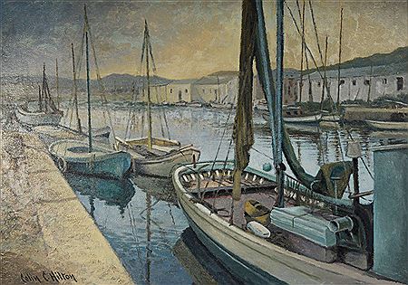 ITALIAN HARBOUR SCENE WITH MOORED FISHING BOATS