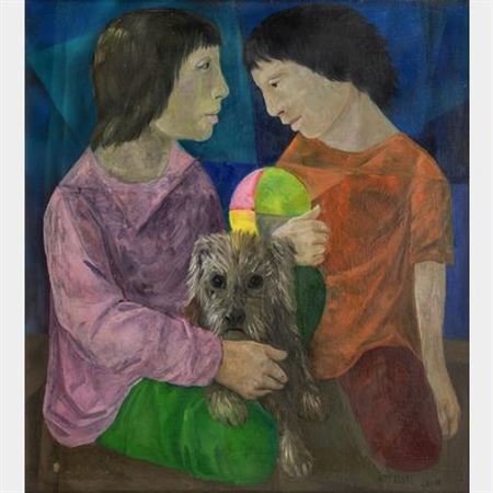 Portrait of two children with dog