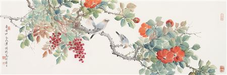 Red Fruit Double Sparrow by He Chun - Auction record, sale price, and art valuation. Compare with similar artists and explore comparable artworks.