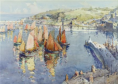 HARBOUR SCENE WITH BOATS IN FULL SAIL