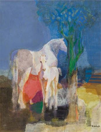 White pony under a tree