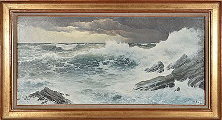 The wave hitting the rocks.