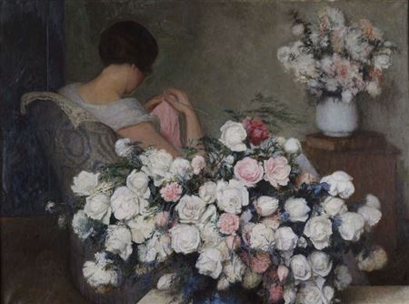 Tricot dans le salon fleuri