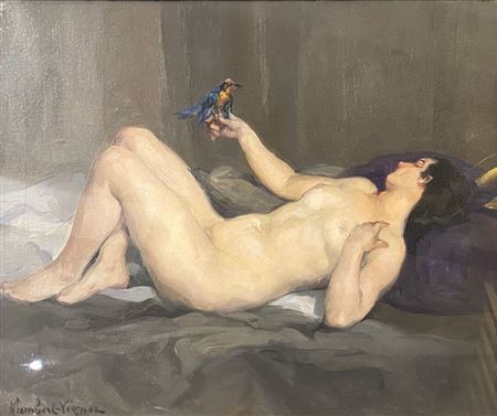 Reclining nude holding a bird.