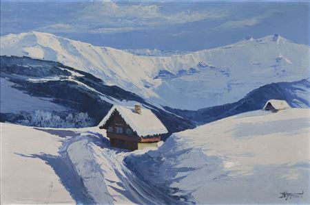 Chalets in the mountains under the snow in good weather.