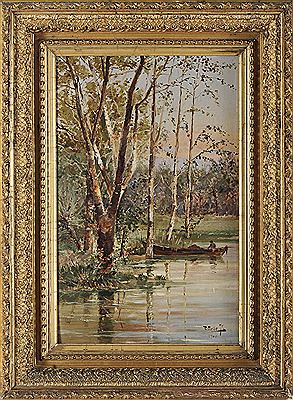 Landscape - figure and boat on lake shore
