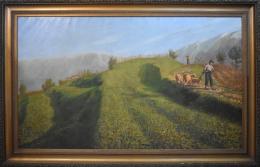 Mountain landscape with shepherd and sheep