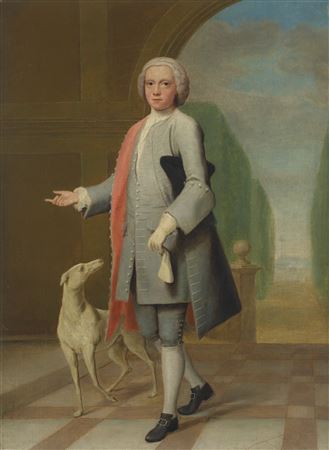 Portrait of Henry Brittan, full-length, with a greyhound