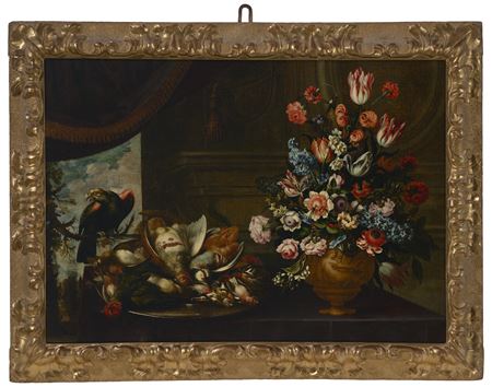 A silver charger with fowl and a terracotta vase with various flowers on a table, with a parrot and a curtain, a landscape beyond