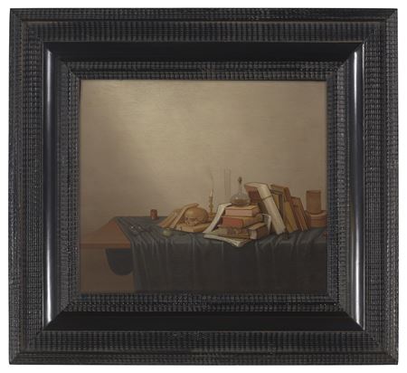 A Vanitas with books, a skull, a candle and various objects on a table