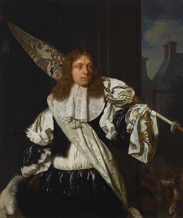 Portrait of an ensign of the Leiden civic guard, three-quarter-length, with militiamen in the background