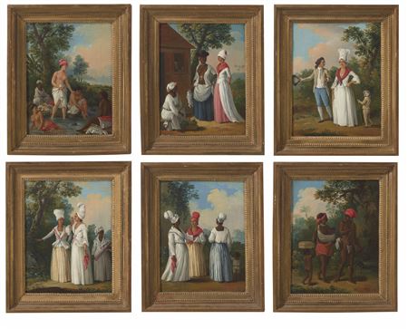 Free women of Dominica bathing in a stream; Free women of Dominica; A young couple and child promenading, Dominica; Flower girls of Dominica; Free women of Dominica with child; and A native family of St. Vincent