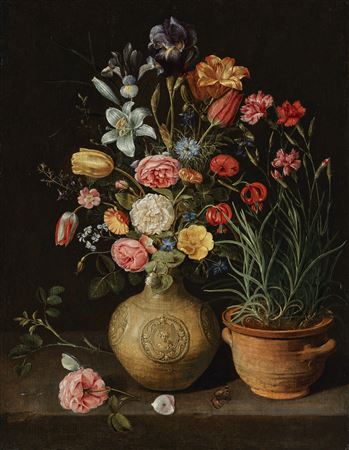 Roses, lilies, an iris and other flowers in an earthenware vase, with a pot of carnations and a butterfly on a ledge