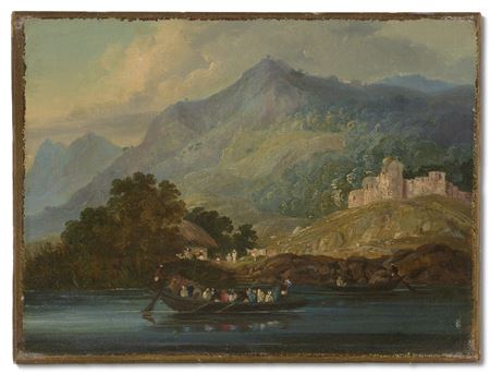Hilly landscape with figures in a boat on the river Ganges