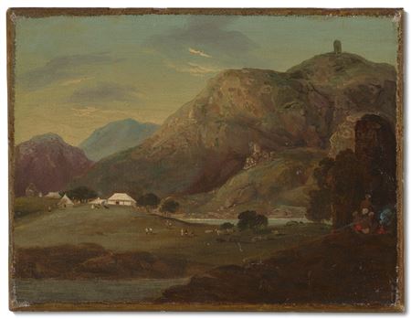 An encampment by a river at dusk