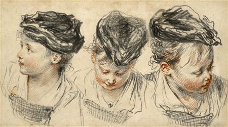 Three head studies of a girl wearing a hat
