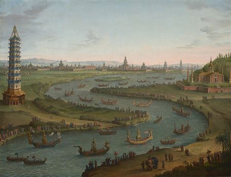 A capriccio with the French Ambassador approaching the King of Siam’s Palace in a state barge, in October 1685, featuring the White Porcelain Pagoda, from Nanjing, China, on the left