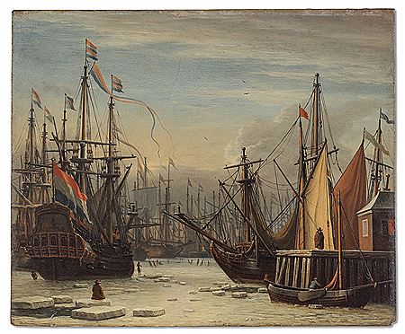 A view of the IJ harbour in winter, Amsterdam, with figures skating between the ships, a figure seated on an ice floe in the foreground
