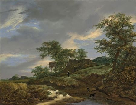 A wooded landscape with a man and two dogs on a path, a cottage beyond by Jacob Isaacksz van Ruisdael - Auction record, sale price, and art valuation. Compare with similar artists and explore comparable artworks.