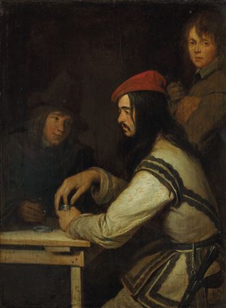 Three men in a tavern, one taking snuff