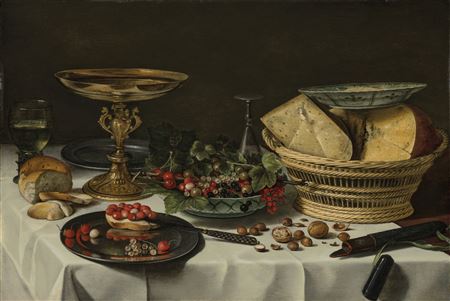 Strawberries, currants and bread on a pewter platter, a roemer filled with wine, strawberries, cherries and currants in a porcelain bowl, a cheese basket, bread, nuts, a tazza, a silver knife and a knife-case, on a partly draped table