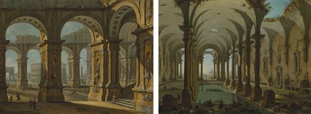 Pair- A capriccio of partially ruined baths with people swimming; and A capriccio of Rome with the Colusseum and Arch of Titus