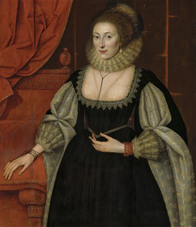 Portrait of a lady, three-quarter-length, in a black dress with slashed sleeves and a cartwheel ruff of pointed lace