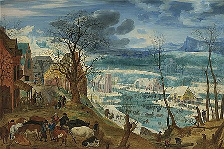 A winter landscape with peasants and cattle by a farmstead,with skaters on a frozen river beyond