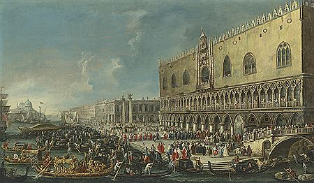 The Molo, Venice, looking west with the reception of the Papal Envoy at the Doge's Palace