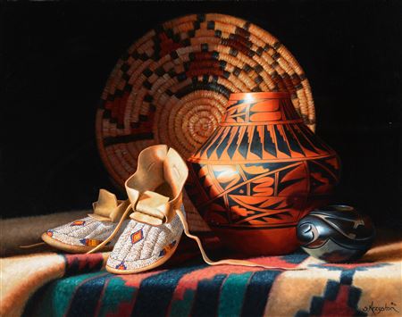 Sample artwork by Sue Krzyston (Born 1948), known for three dimensional and light filled paintings of southwest motif pottery, baskets - View similar artists and auction records
