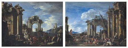 ANCIENT RUINS IMAGINARY LANDSCAPES WITH FIGURES, a pair